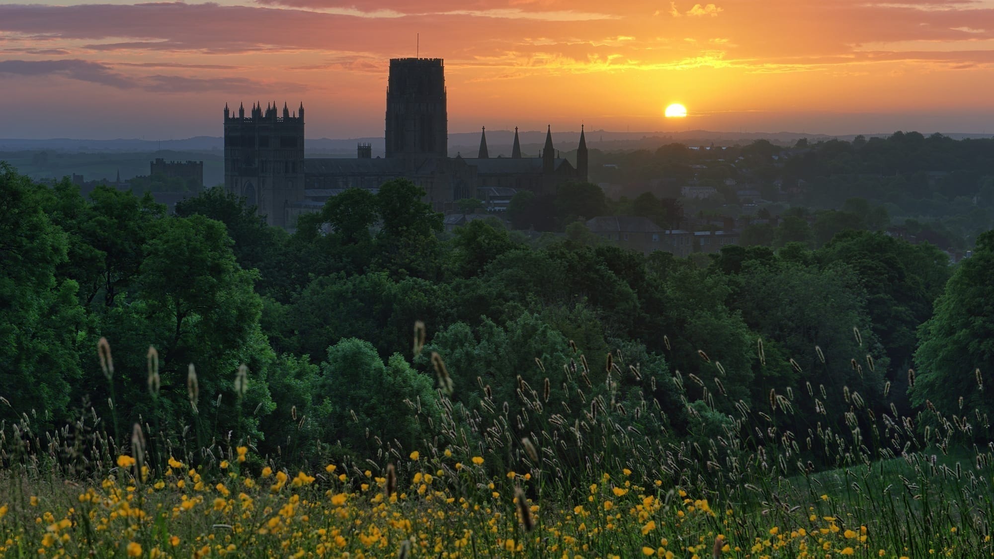Durham Cathedral at sunset, tucked behind woodland and meadow.