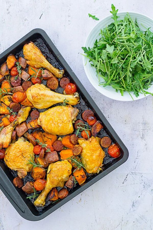 Chicken, chorizo and sweet potato traybake