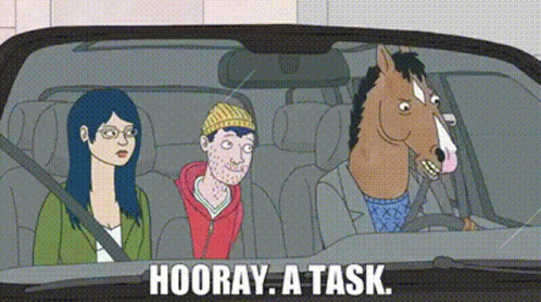Todd in the car with BoJack Horseman and Diane, saying, "Hooray! A Task!"