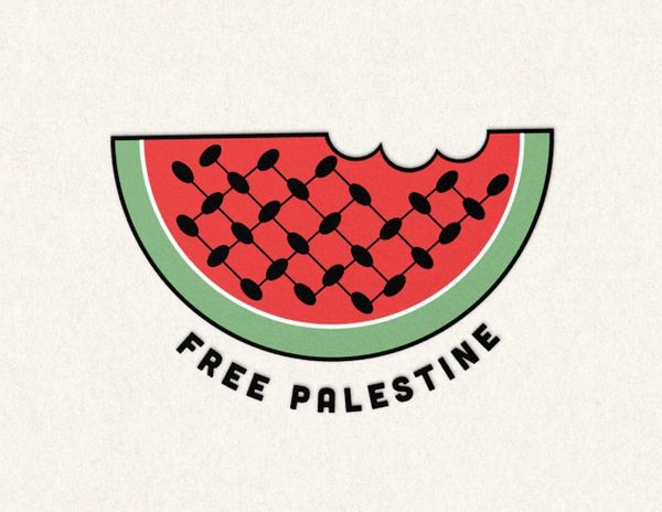 Artwork of a slice of watermelon with the words "Free Palestine" below it