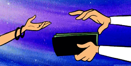 hand pulling cash out of a wallet, another person's hand yanks the wallet away