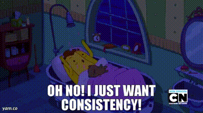 Adventure Time Banana guard sleeping in a bathtub saying, "oh no! I just want consistency!"