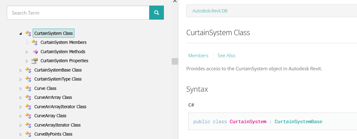 A screenshot of the Revit API showing the CurtainSystem class.