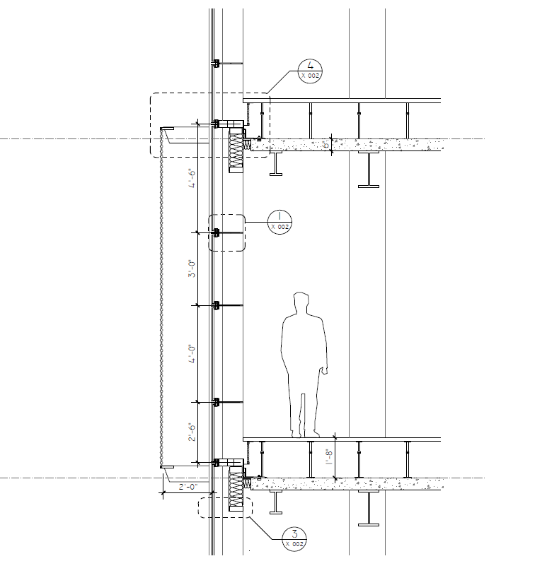 A schematic section of a curtain wall facade