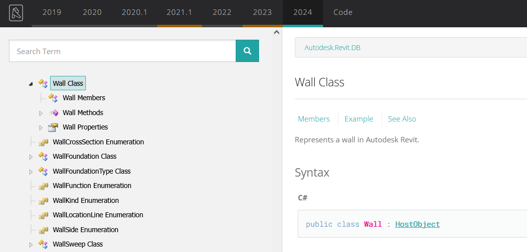 A screenshot of the Revit API showing the Wall class.