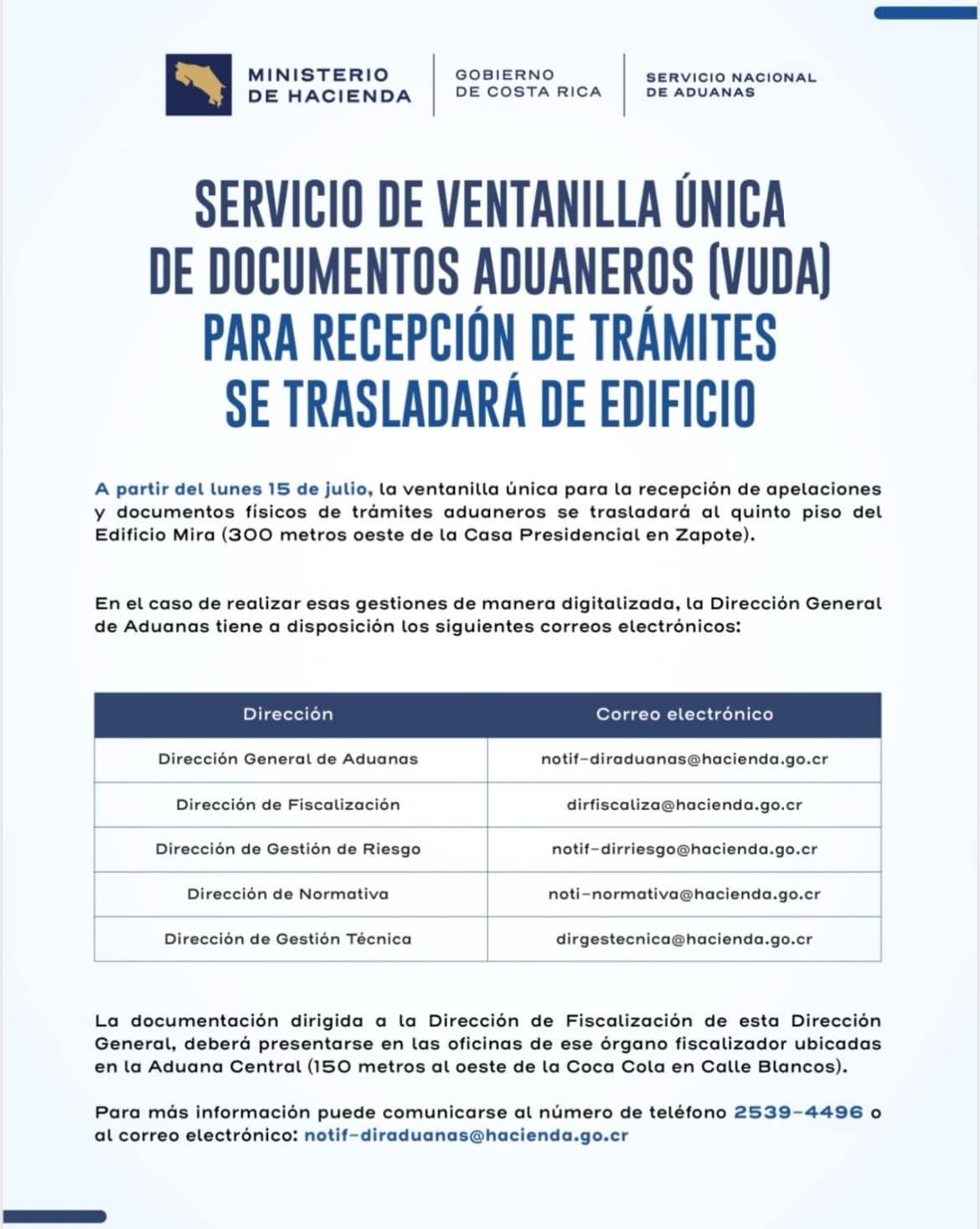 Comunicado DGA: Servicio de Ventanilla Única de Documentos Aduaneros (VUDA) para recepción de trámites se trasladará de edificio