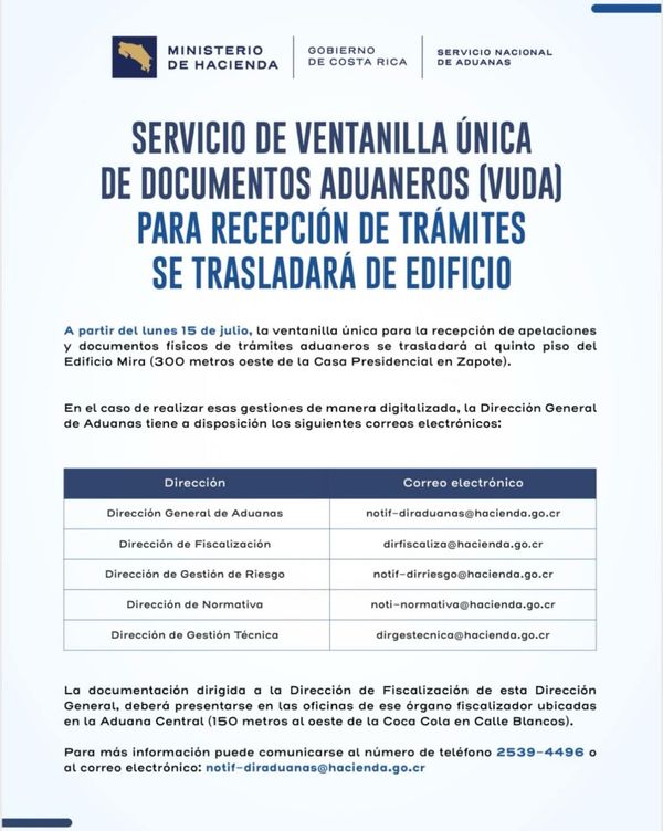 Comunicado DGA: Servicio de Ventanilla Única de Documentos Aduaneros (VUDA) para recepción de trámites se trasladará de edificio