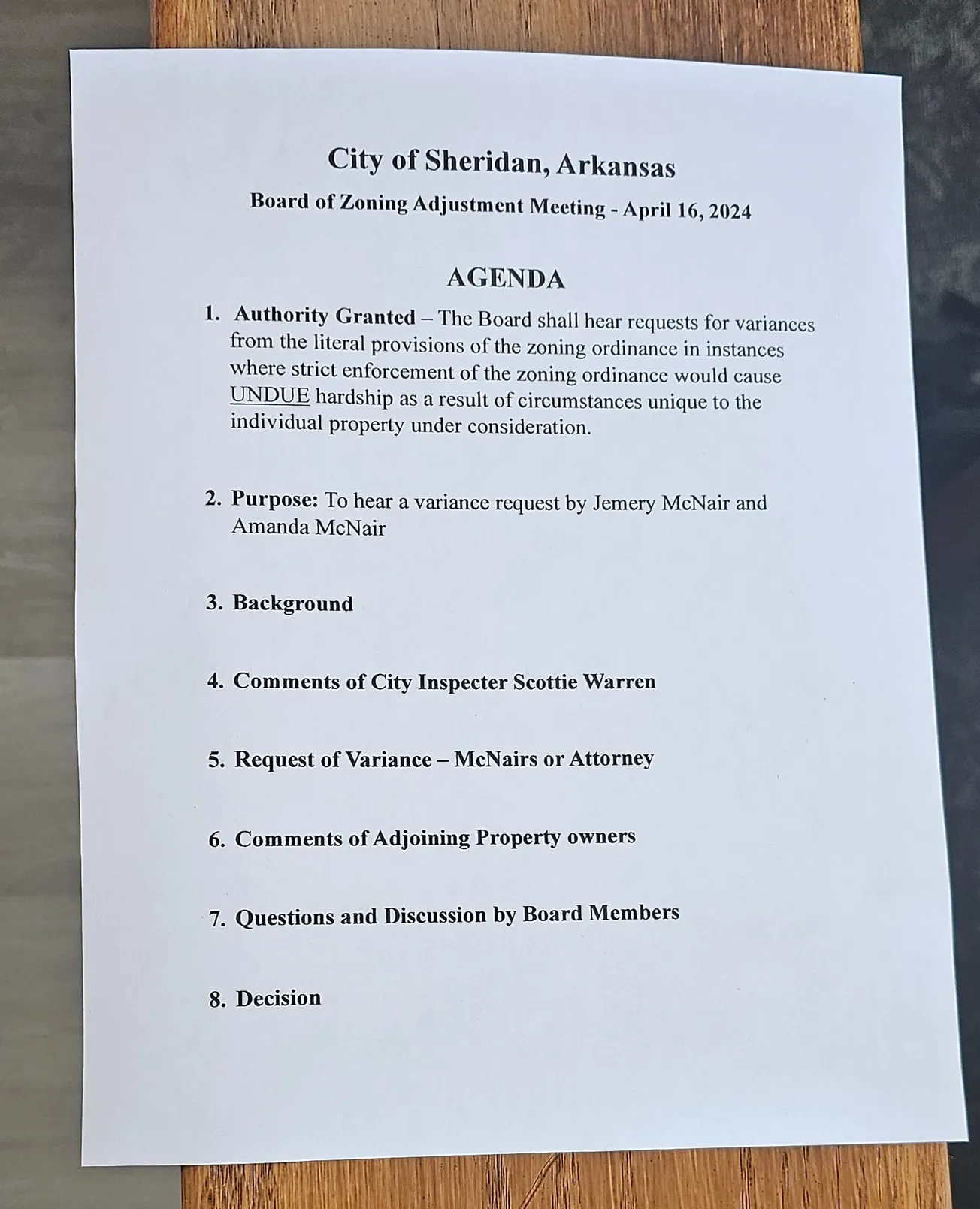 City of Sheridan: Variance Meeting