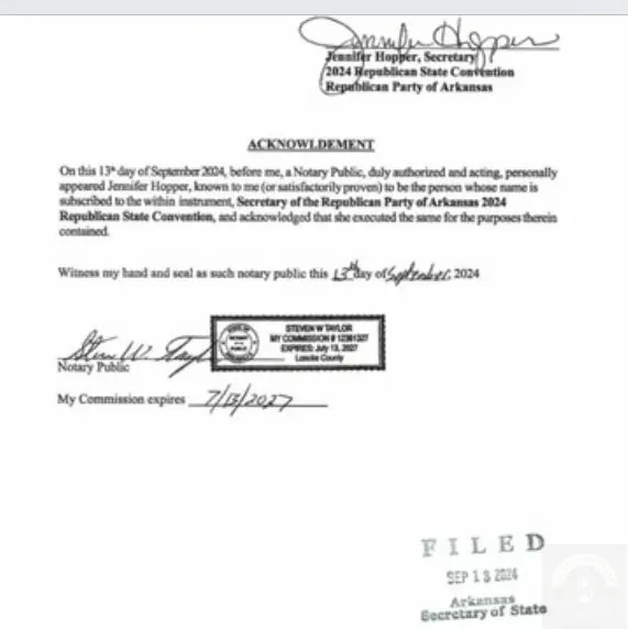 A Second Document Filed Certifying Trump's Arkansas Electors