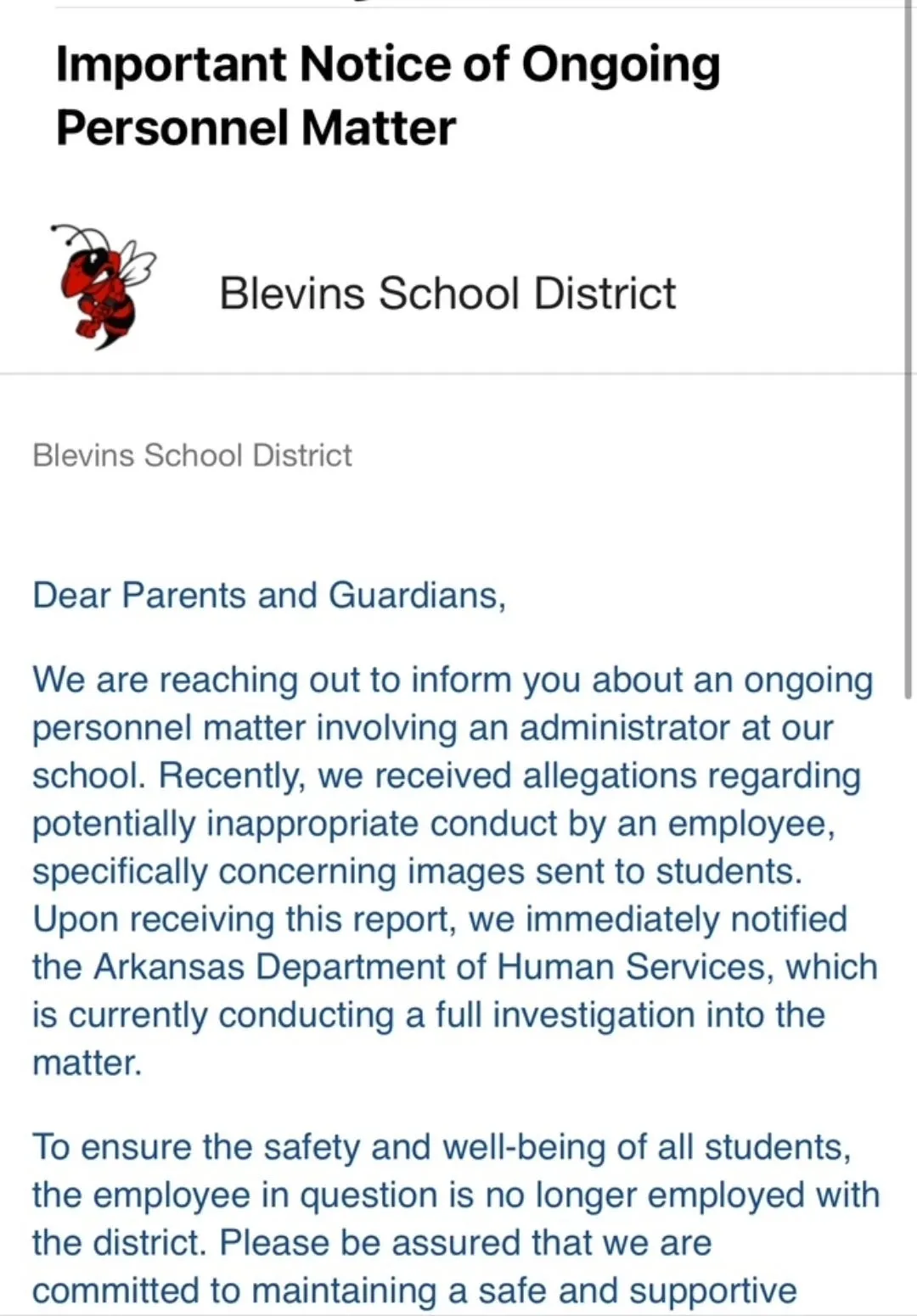 Blevins School District: Allegations "Images Sent To Students"