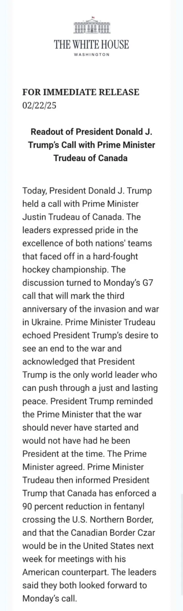 Readout of President Donald J. Trump’s Call with Prime Minister Trudeau of Canada
