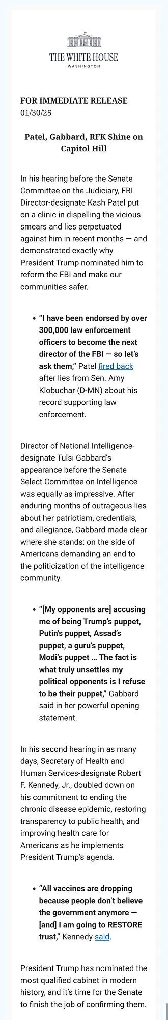 Trump: Patel, Gabbard, RFK Shine on Capitol Hill