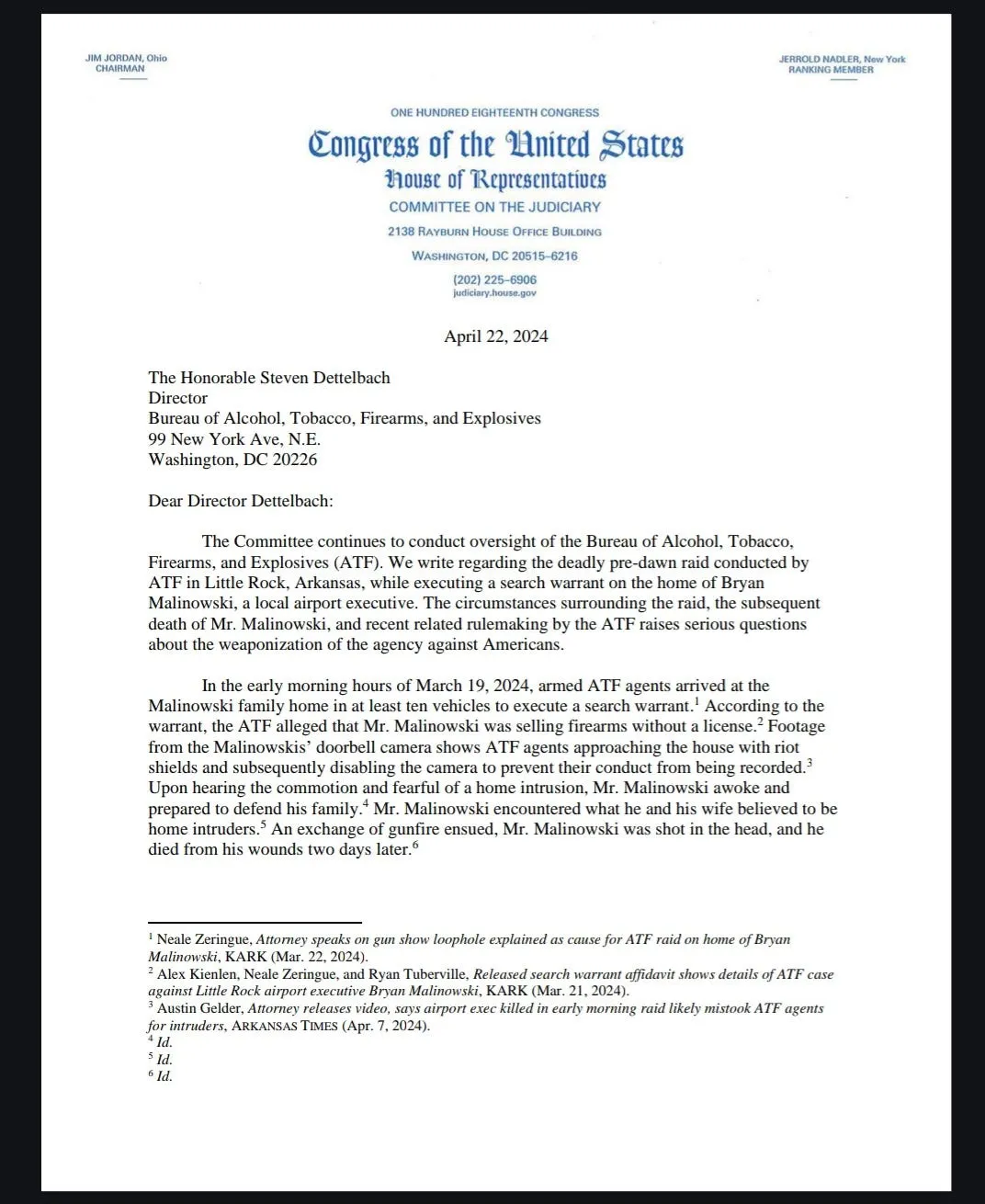 Jim Jordan Sends Letter To ATF About Bryan Malinowski