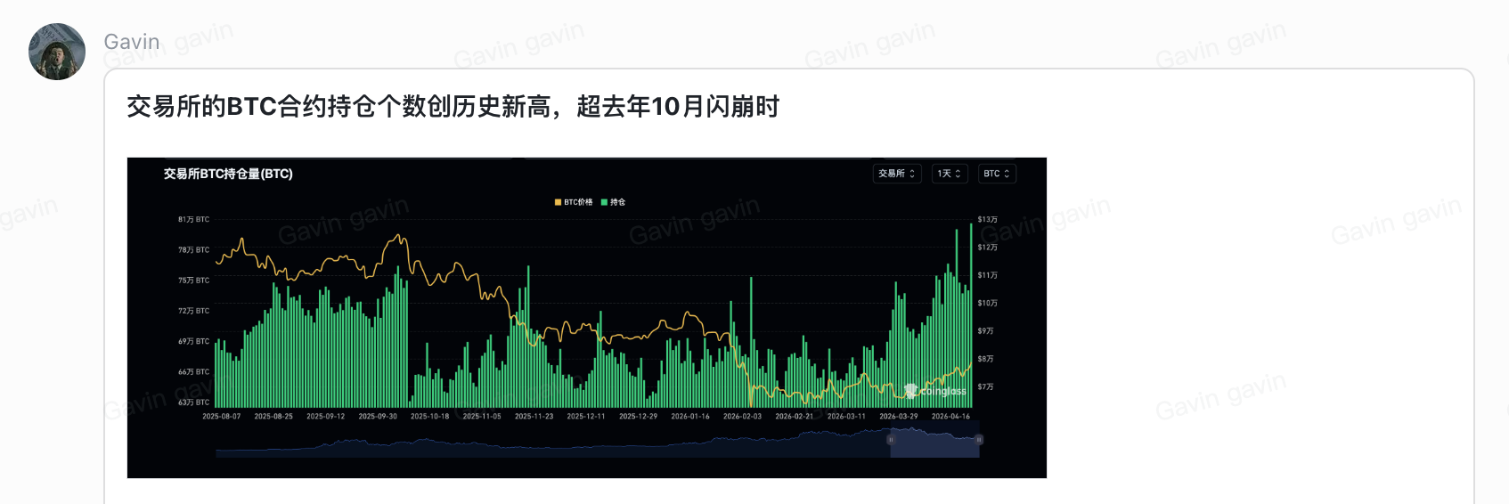 76K判决线：第二条更新同时跟上：交易所BTC合约持仓个数创历史新高，超过去年10月11日200亿美元闪崩时的水平，币本位绝对杠杆敞口已经站到历史峰值。