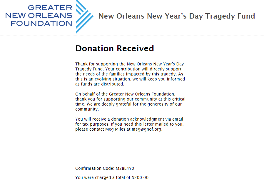 Donation receipt from the New Orleans New Year's Day Tragedy fund for $200