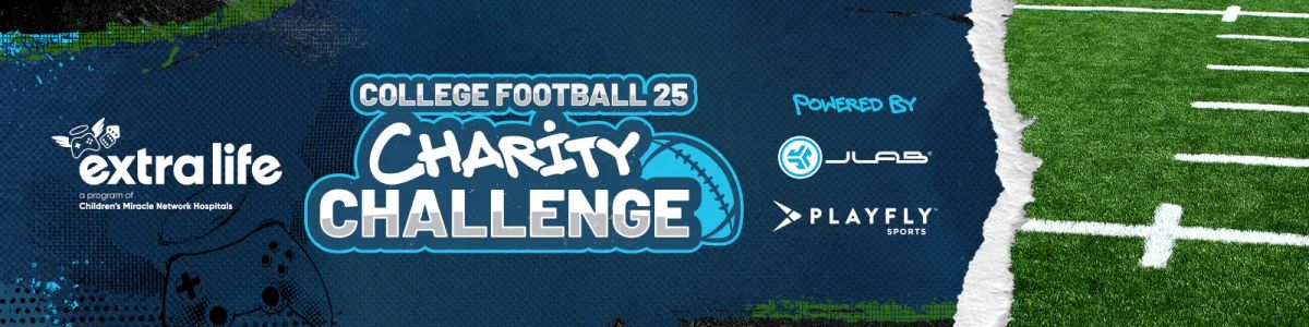 Football field featuring a blue tearout with logos for Extra Life, College Football '25 Charity Challenge, JLAB and Playfly.