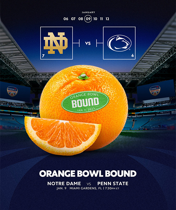 Orange Bowl promotional image featuring Notre Dame, Penn State and a big orange saying "Orange Bowl Bound"