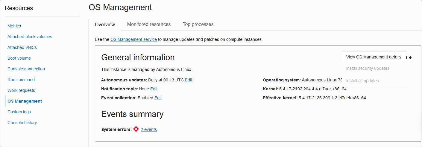 A screenshot of the OS Management overview page for Autonomous Linux.