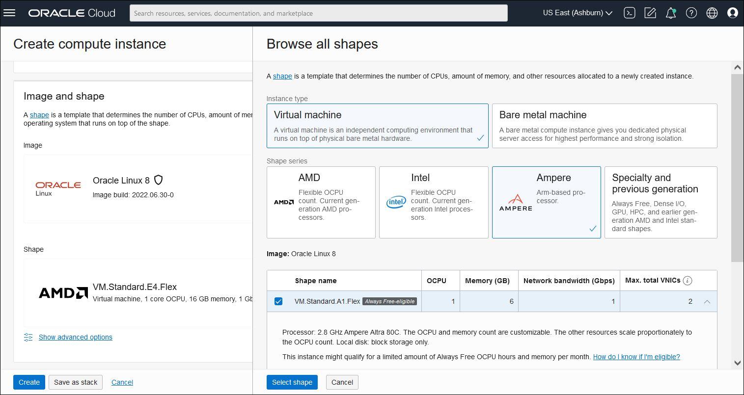 A screenshot of the Create Compute Instance page showing the options for creating an Oracle Linux Arm instance in OCI.