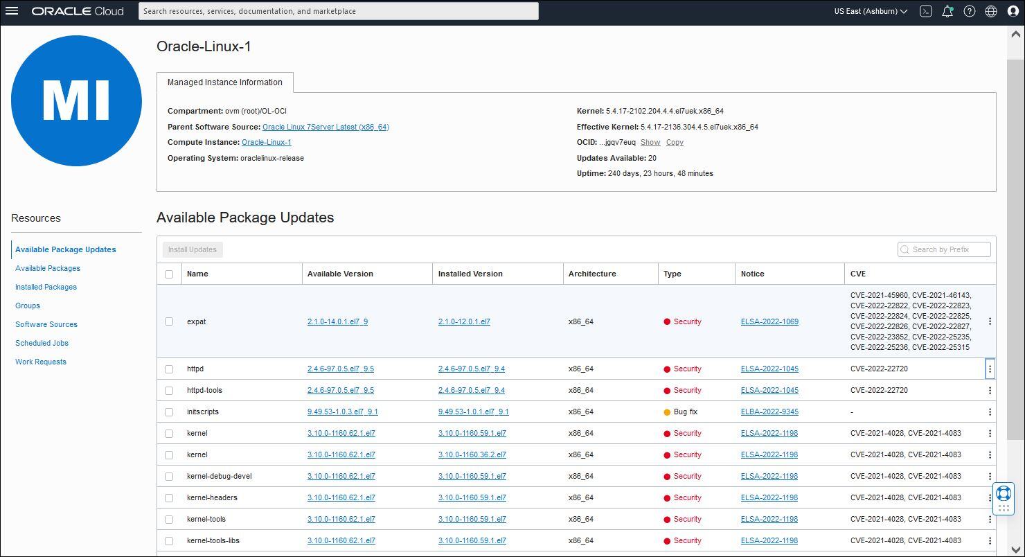 A screenshot of the available package updates page for the OCI OS Management service.