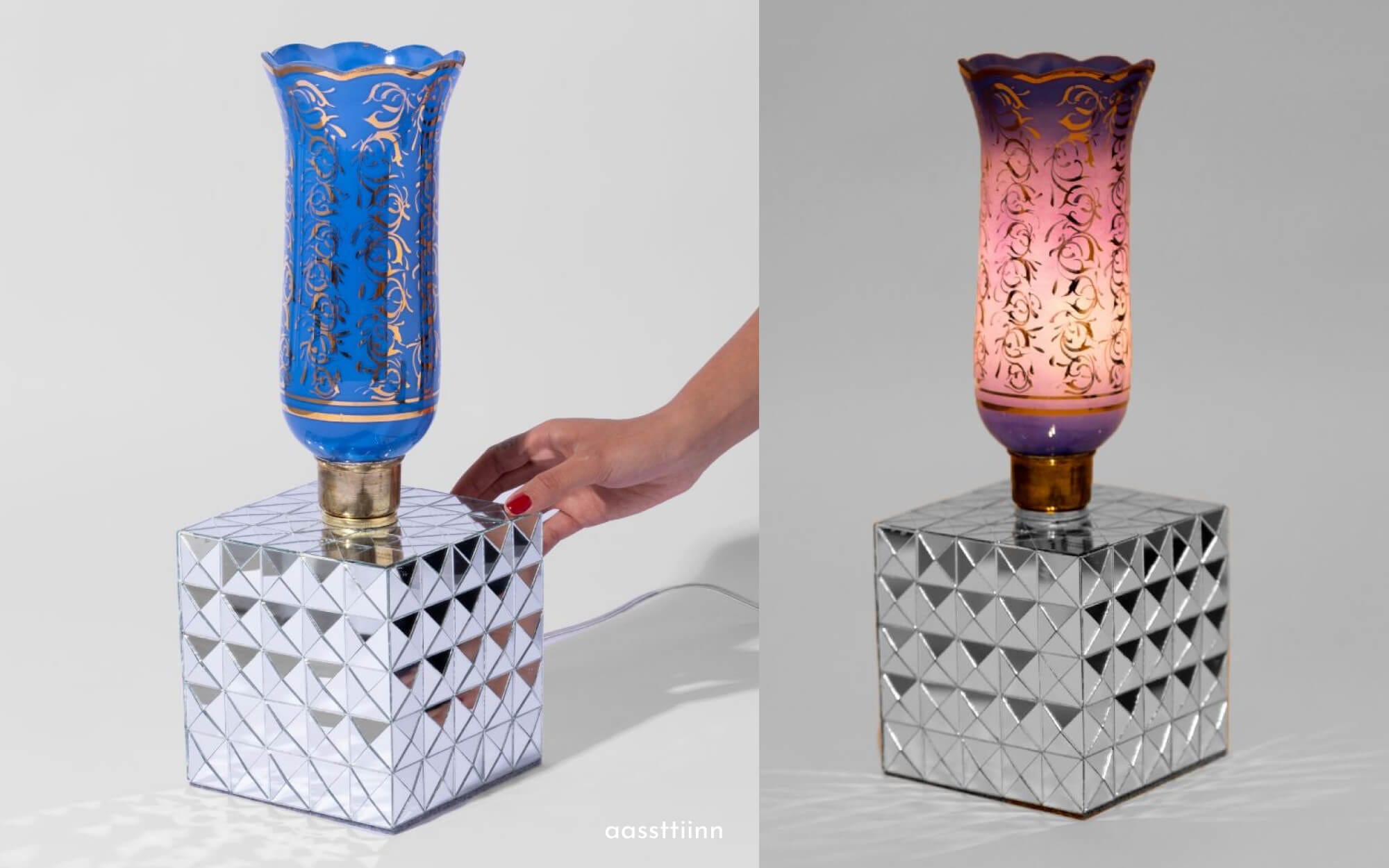 Pair of Persian laleh-style table lamps with coloured glass tulip-shaped shades set on Āina-kāri (Persian mirror work) cube bases made from faceted mirrored tiles.