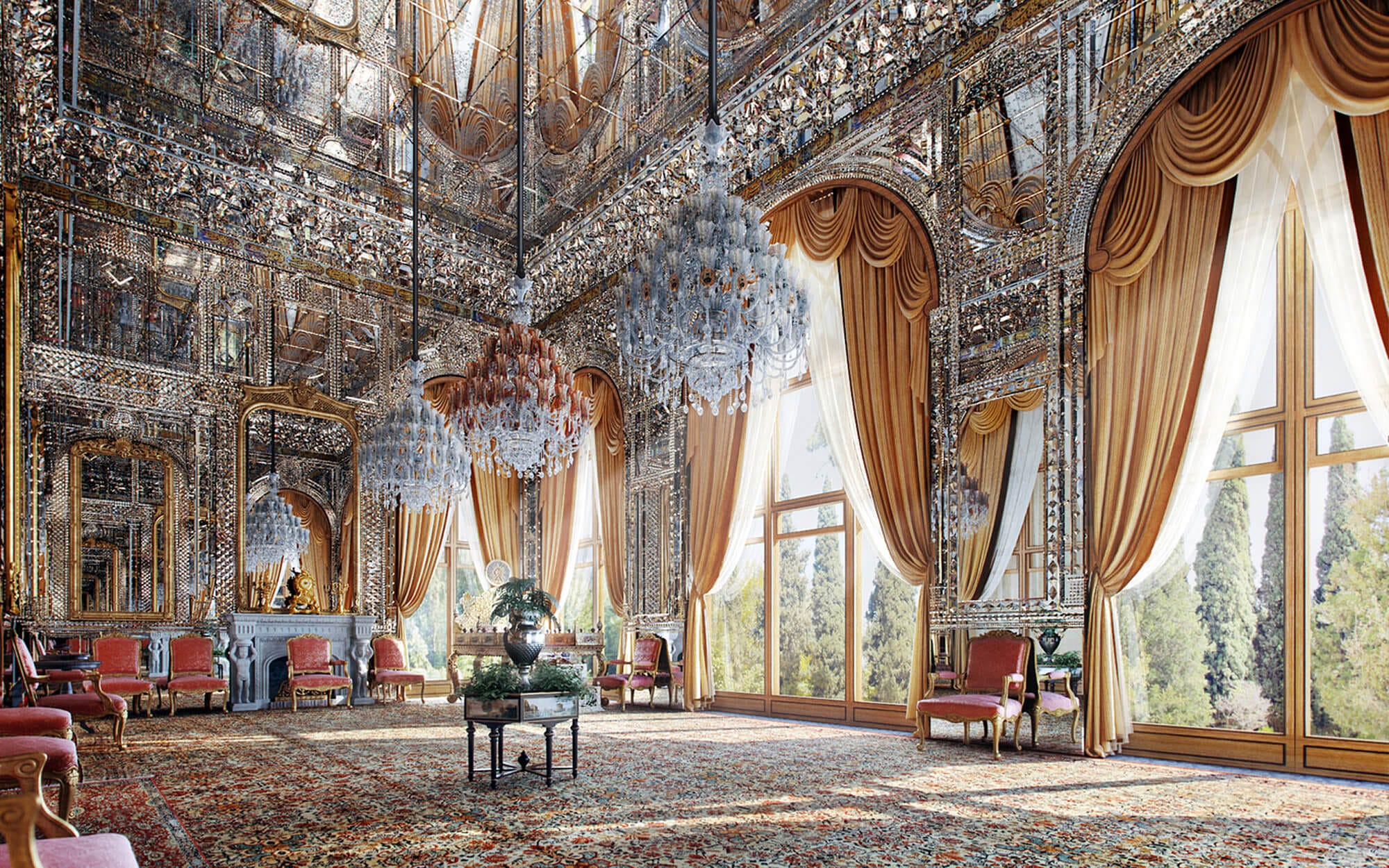 Ornate mirrored hall inside Golestan Palace in Tehran, with floor-to-ceiling Āina-kāri mirror mosaics, large crystal chandeliers, golden curtains, and antique red armchairs arranged around a central table.