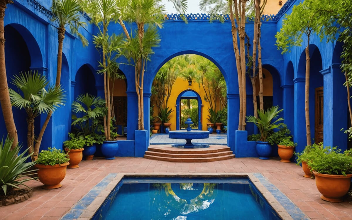 Blue courtyard with arched doorways, palm trees, and a central pool at Jardin Majorelle in Marrakech