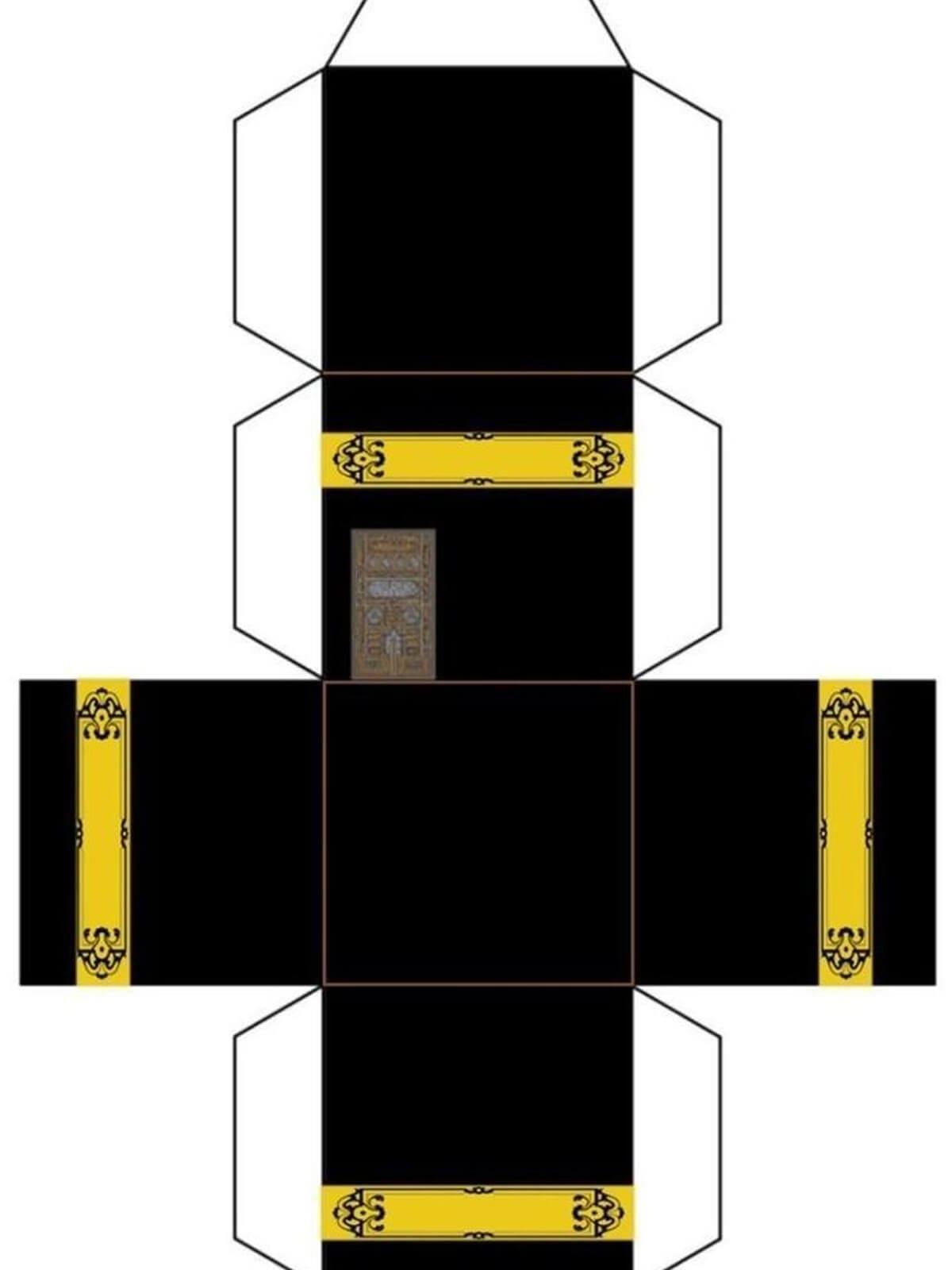 A printable paper cut-out template for a 3D Kaaba box in black with gold bands and a small illustrated door, designed to be folded and assembled.