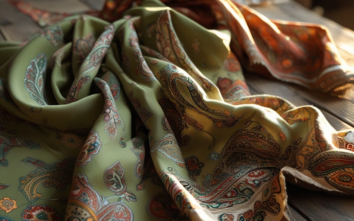 Soft green fabric with intricate paisley patterns draped in gentle folds.