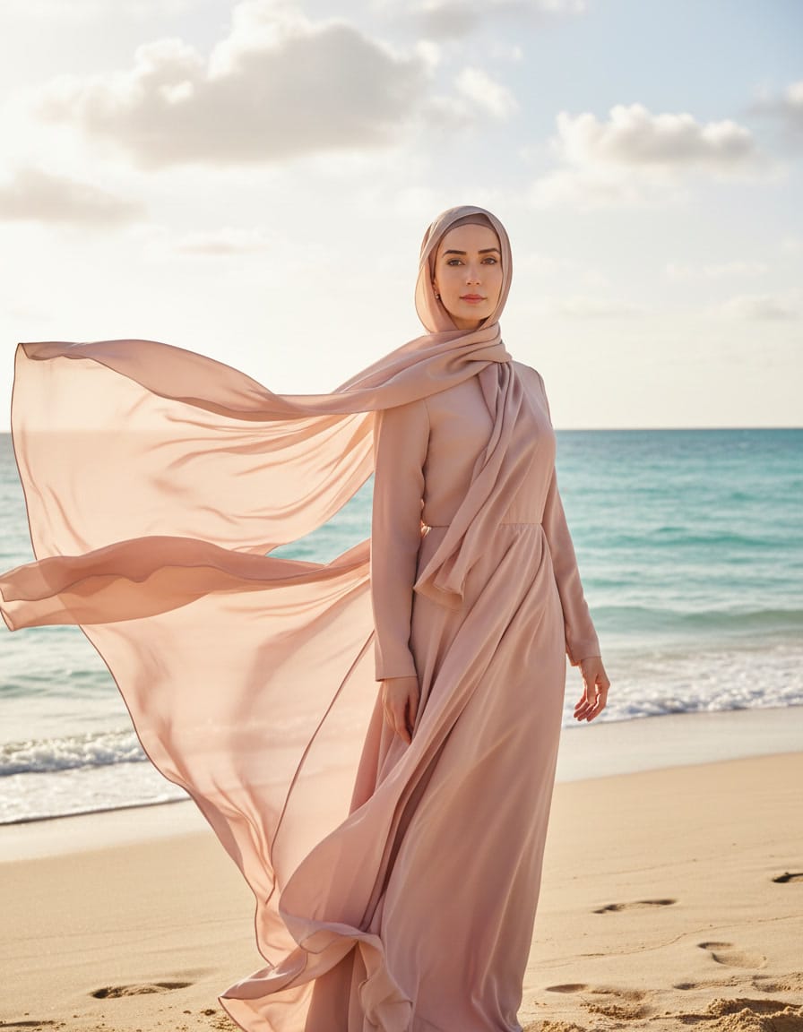 Person in a soft pink flowing dress and hijab standing on a beach with fabric billowing in the wind.