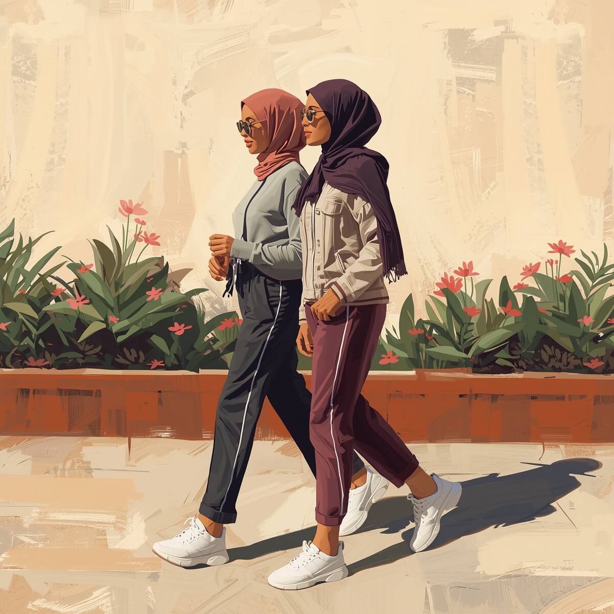 Two hijabis walking side by side in a painterly, illustration-style outdoor setting with plants in the background.