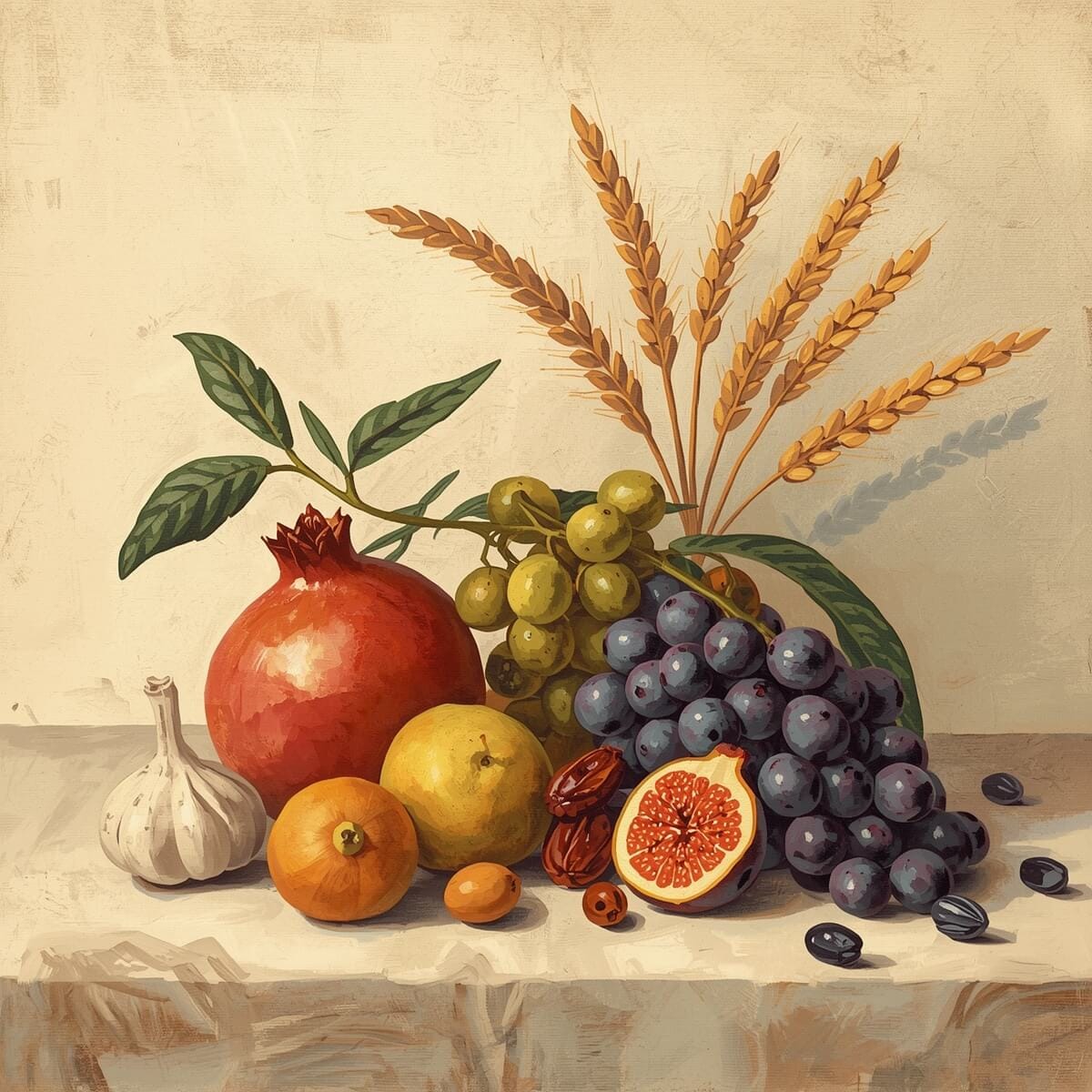 Two people walking together on a desert trail surrounded by shrubs and rocky hills.  thisis a painting of quranic fruits. you don't need to list:   A still-life painting of Qur’anic fruits arranged on a table, with warm earthy tones and soft painterly brushstrokes.