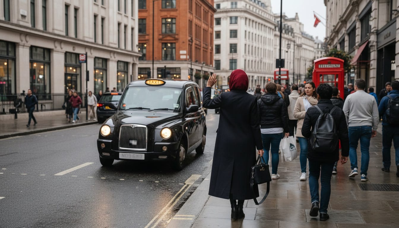 Person wearing a burgundy hijab and long navy coat standing on a London sidewalk while raising her hand to hail a black taxi, with a red telephone box and city crowd in the background.