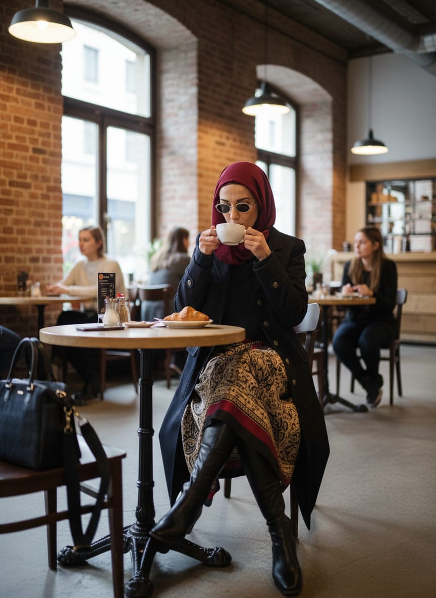 Person wearing a burgundy hijab, long navy coat and a paisley patterned skirt sitting in a café drinking from a white cup at a small wooden table.