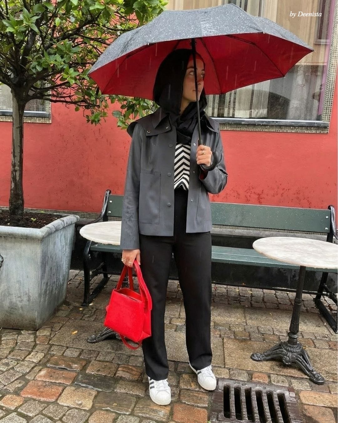 Modest black-and-red outfit with raincoat and umbrella, inspired by Louboutin colours.