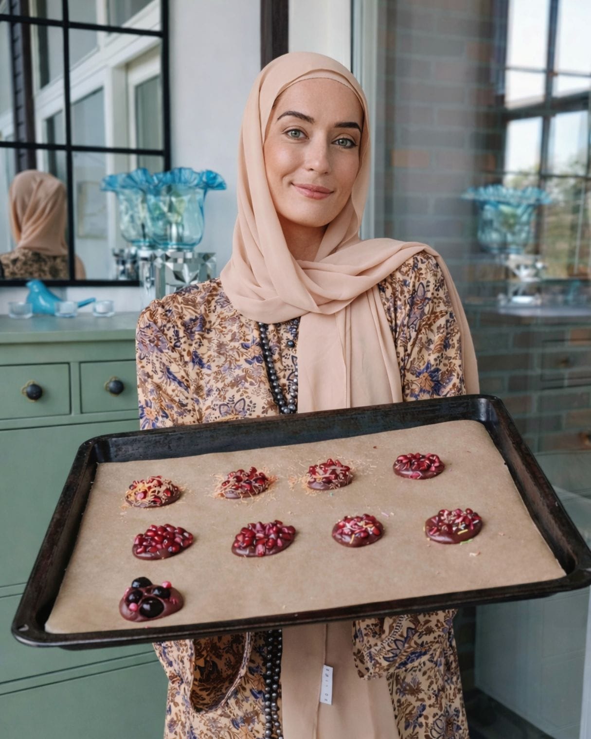 Finished no-bake pomegranate chocolate bites with kataifi pastry