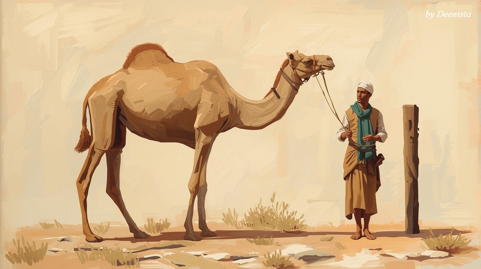 Illustration inspired by the hadith about tying one’s camel and trusting in Allah.