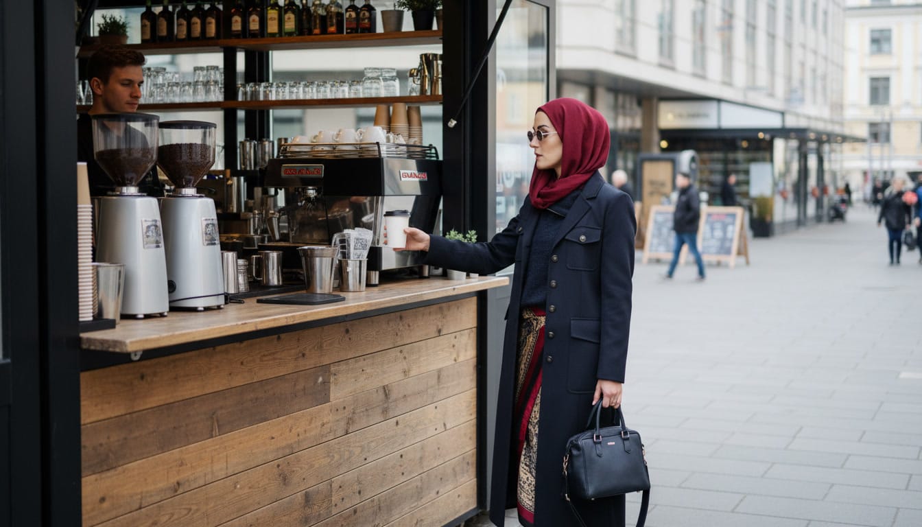 Person wearing a burgundy hijab and long navy coat standing at a street-side coffee kiosk, holding a takeaway cup with a wooden counter and espresso machine in front of her.
