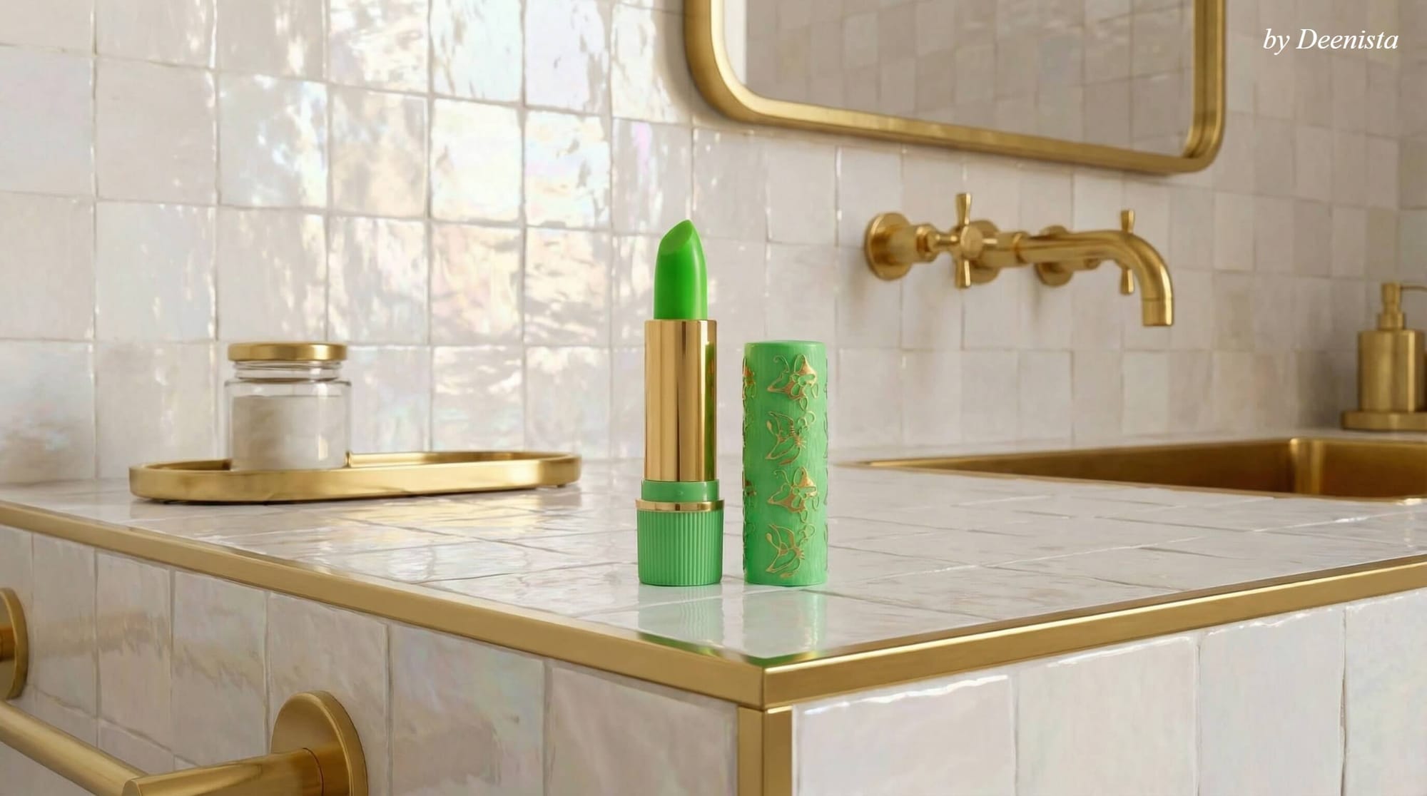 Green lipstick standing upright on a white tiled bathroom counter with gold fixtures in the background.
