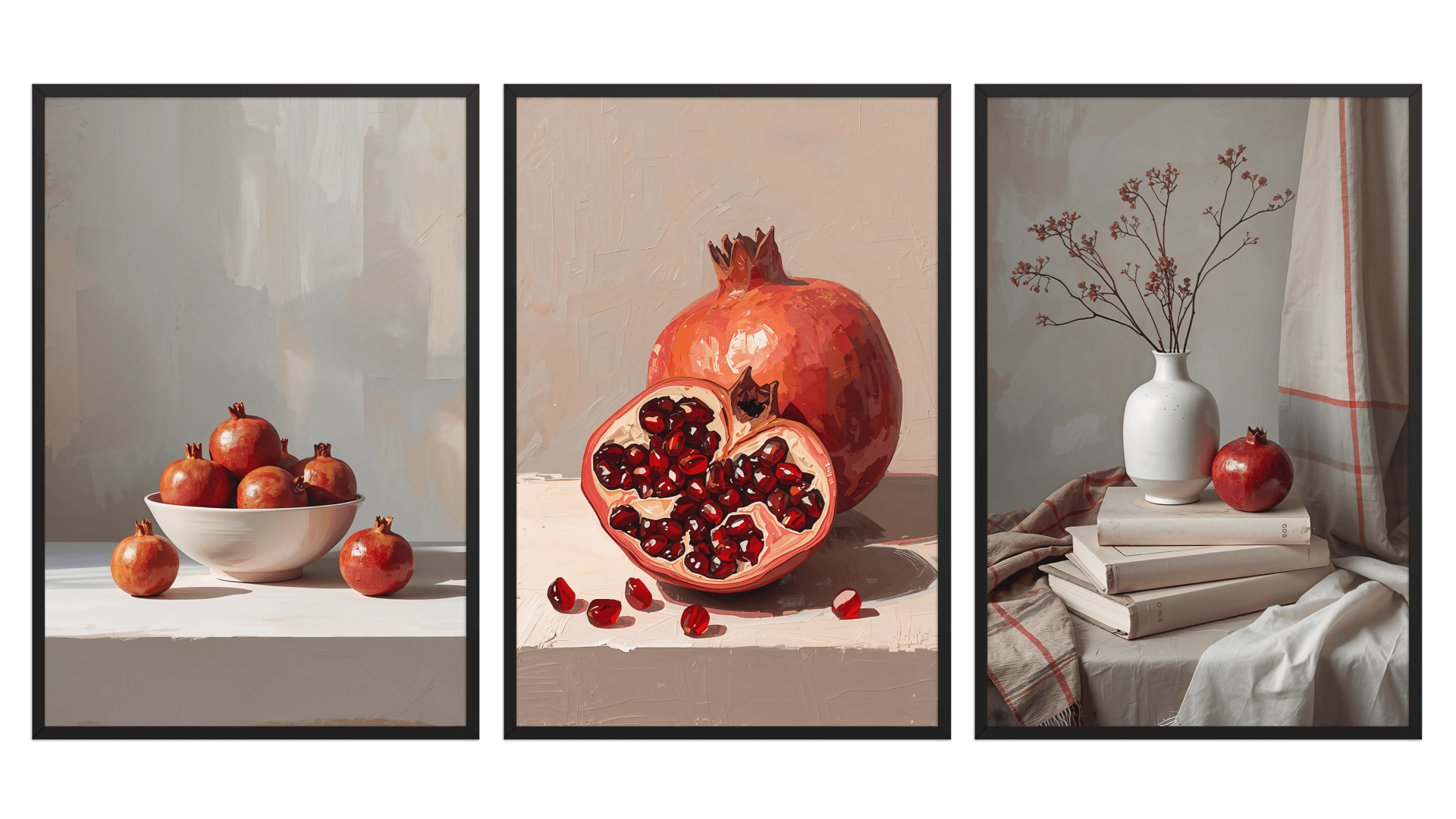 Three framed pomegranate still life artworks displayed side by side, featuring whole and cut pomegranates in soft, neutral interiors.