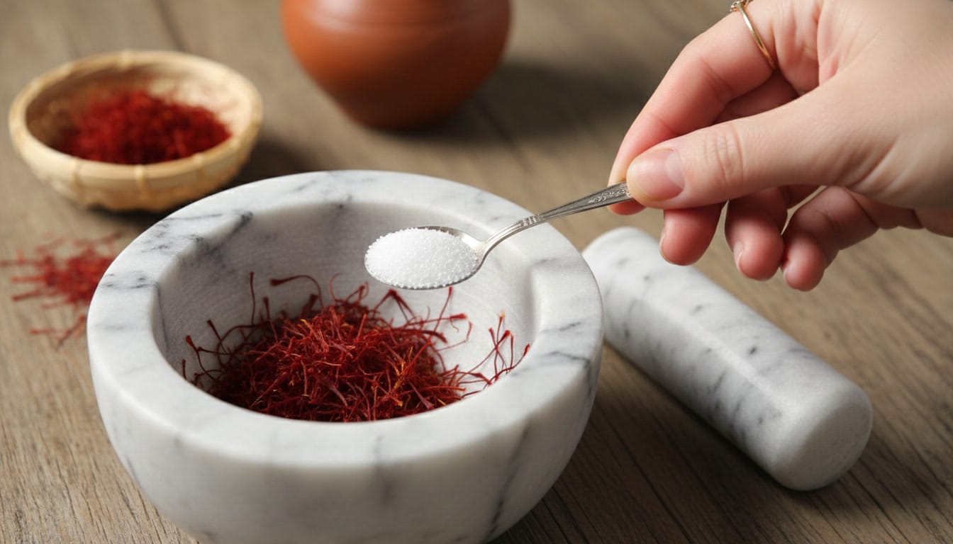 White marble mortar filled with saffron threads while a hand holds a spoon of sugar above it.