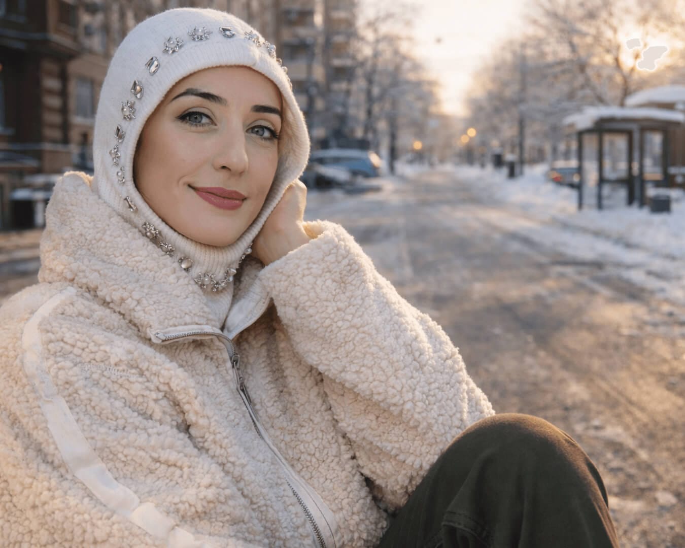 Hijabi woman wearing a balaclava as winter hijab on a city street