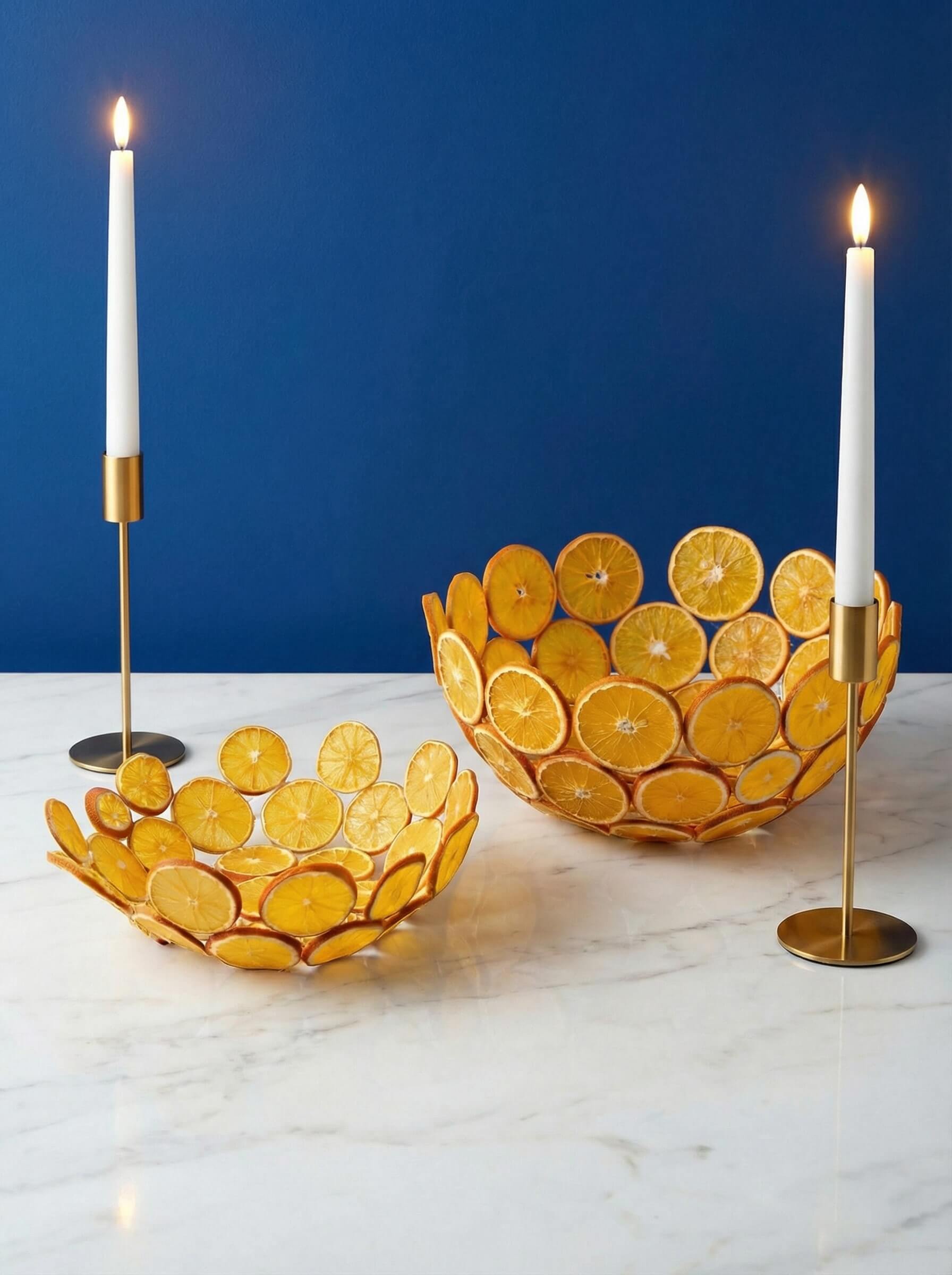 A DIY orange slice bowl by gluing dried orange slices together inside a bowl mould.