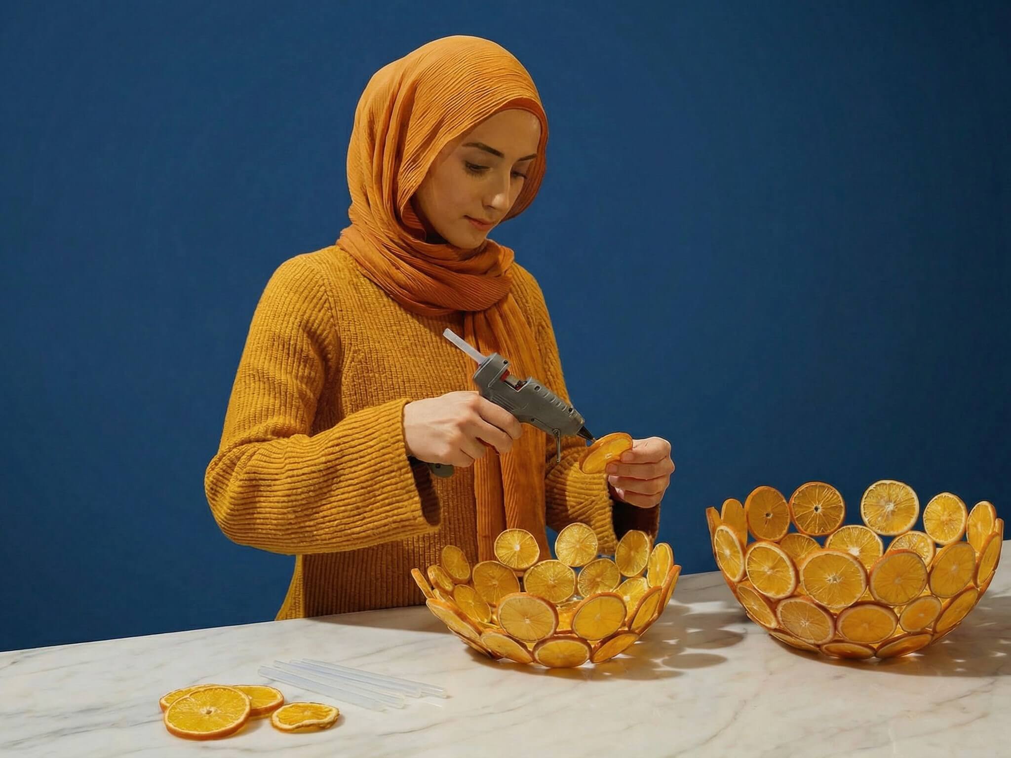 Finishing touches to the orange table arrangement
