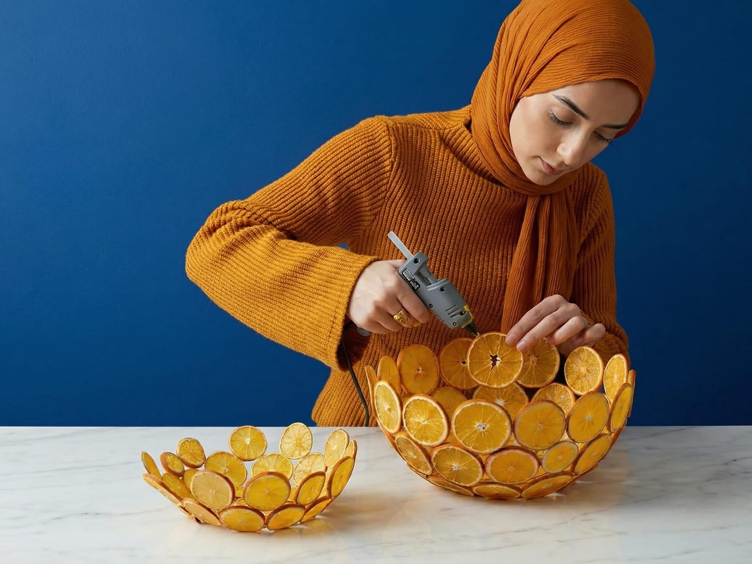 Making a DIY orange slice bowl by gluing dried orange slices