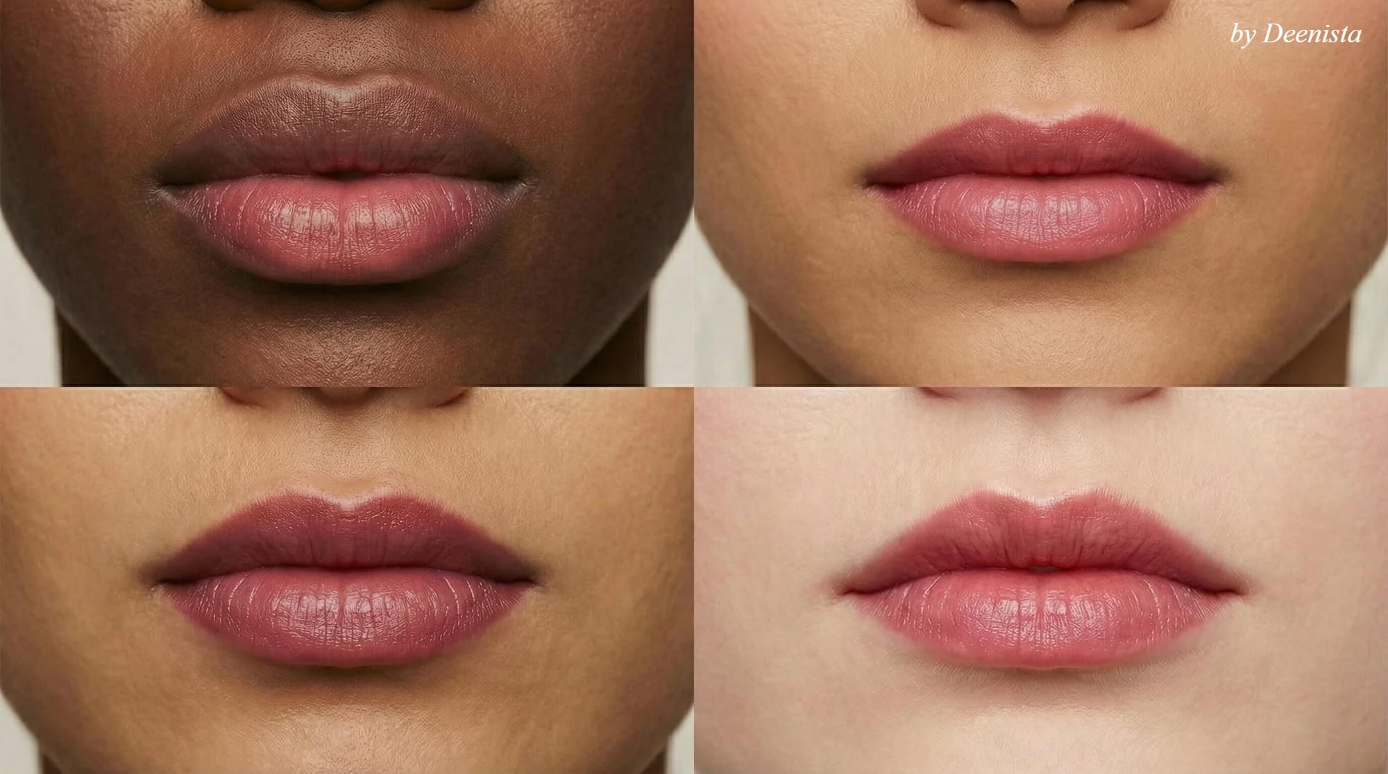 Unique rosy shades of the Mecca Magic green lipstick on different lips