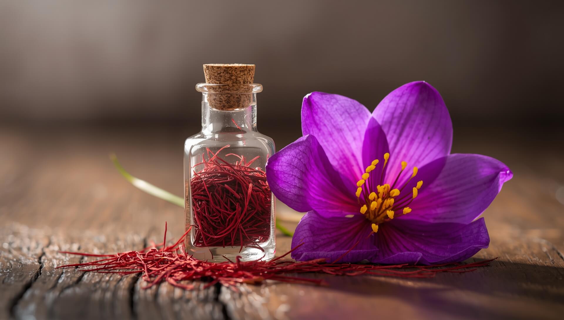 Small glass bottle filled with red saffron threads placed beside a purple saffron flower on a wooden surface.