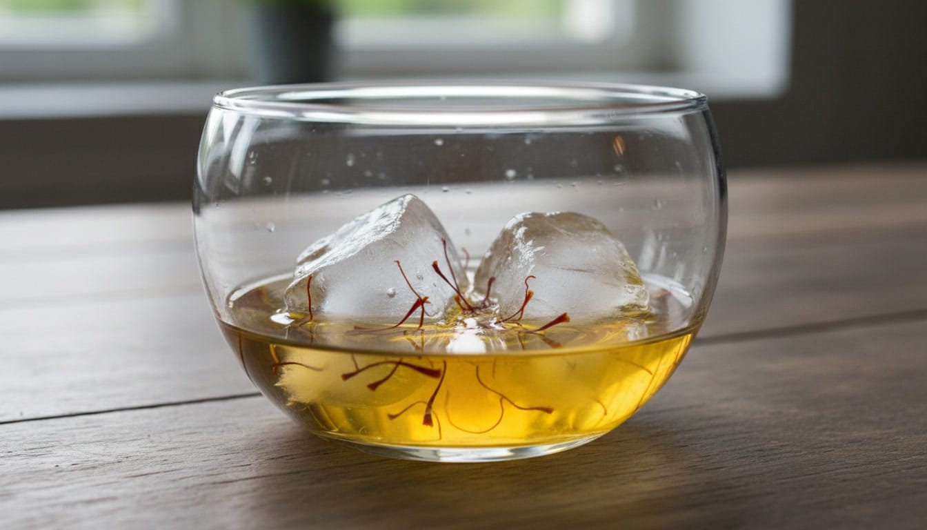 Glass cup with saffron threads steeping in warm water around two ice cubes on a wooden surface.