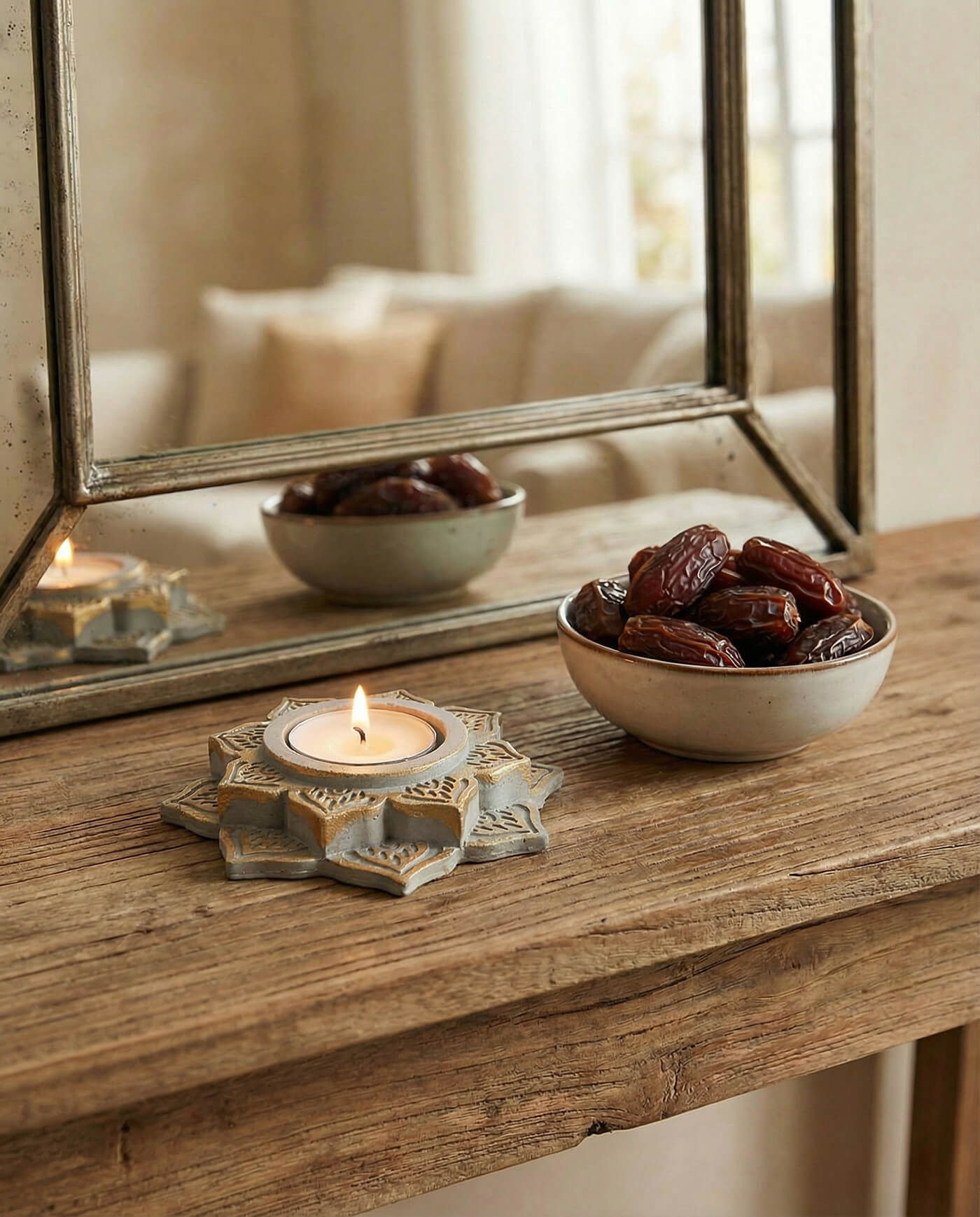 Minimal concrete candleholder with gold accents next to a bowl of dates.