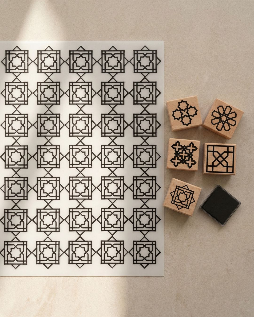 DIY Mondrian-inspired geometric wall art created with repeated Islamic geometric stamps on translucent paper, ready for colour filling